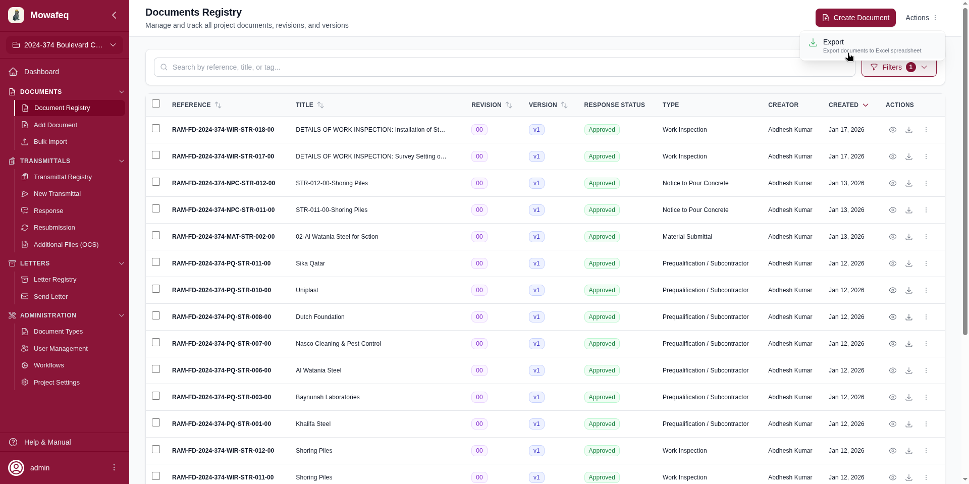 Export button in page header