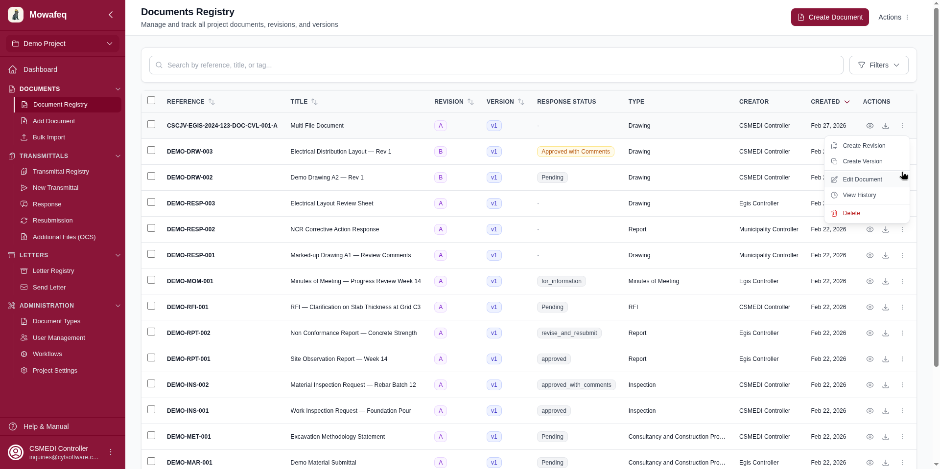 Three-dot menu on a document row