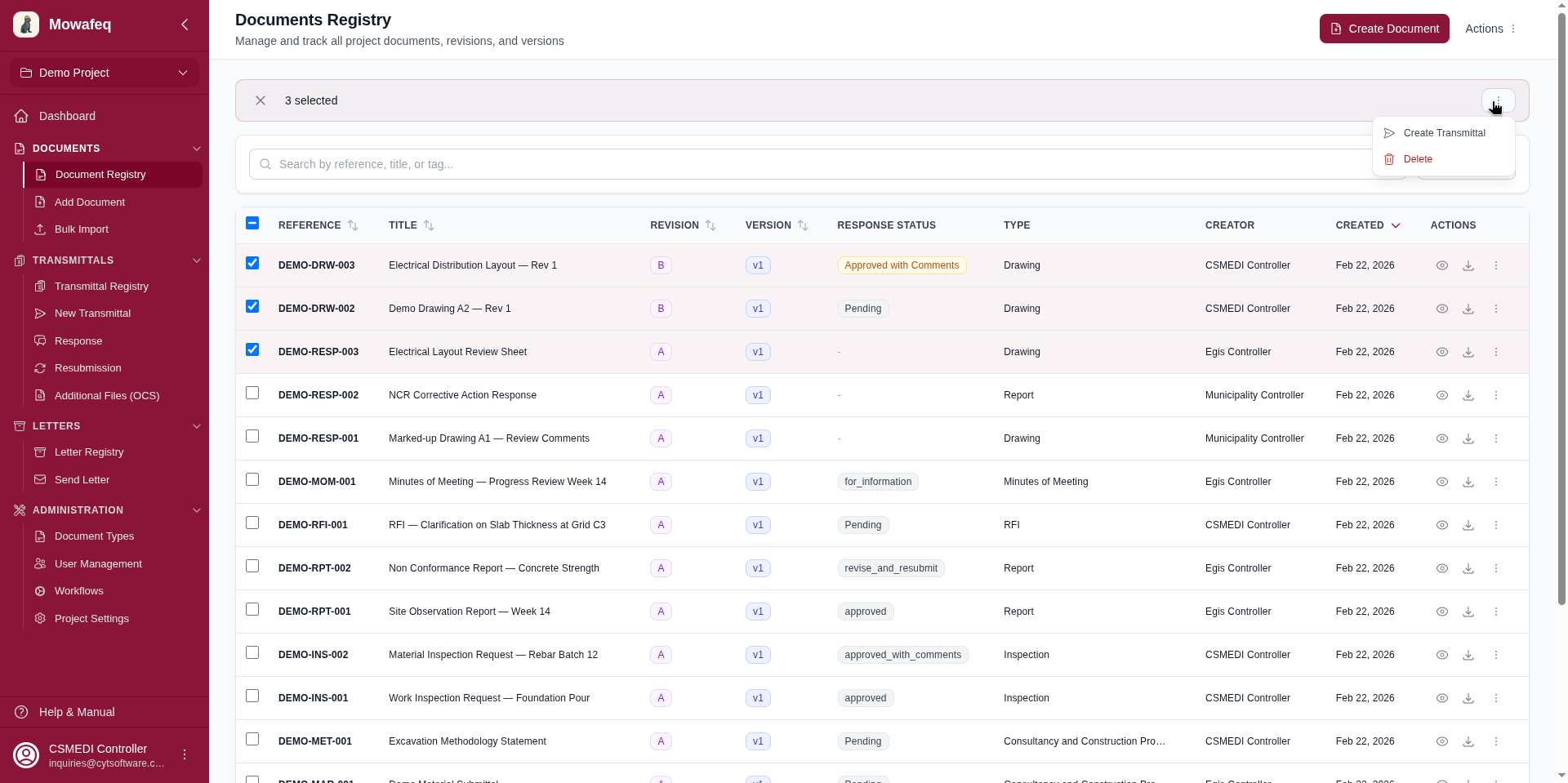 Bulk actions toolbar with selected documents