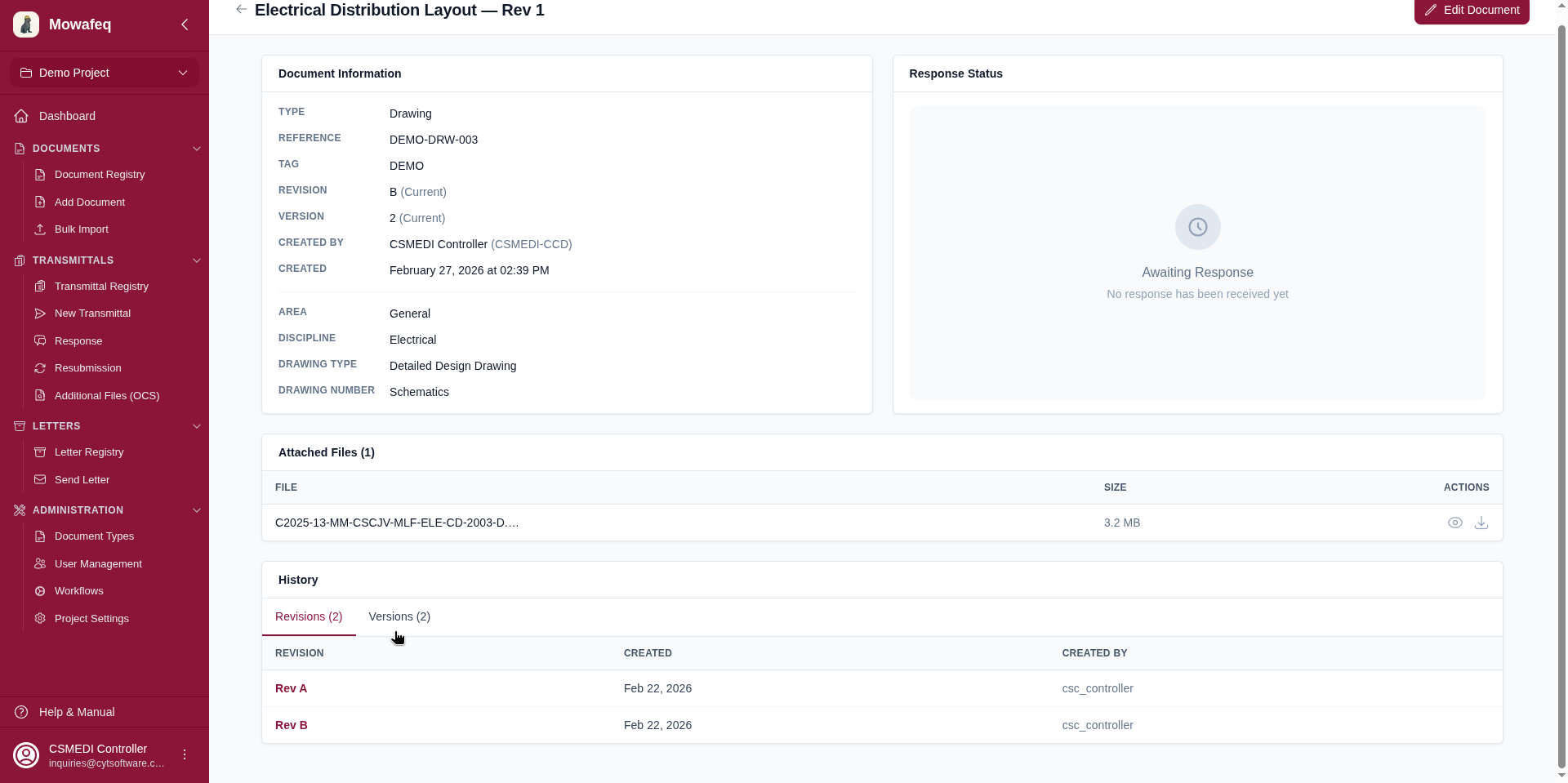 Document history showing revisions