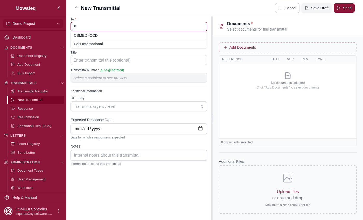 Transmittal creation form top section