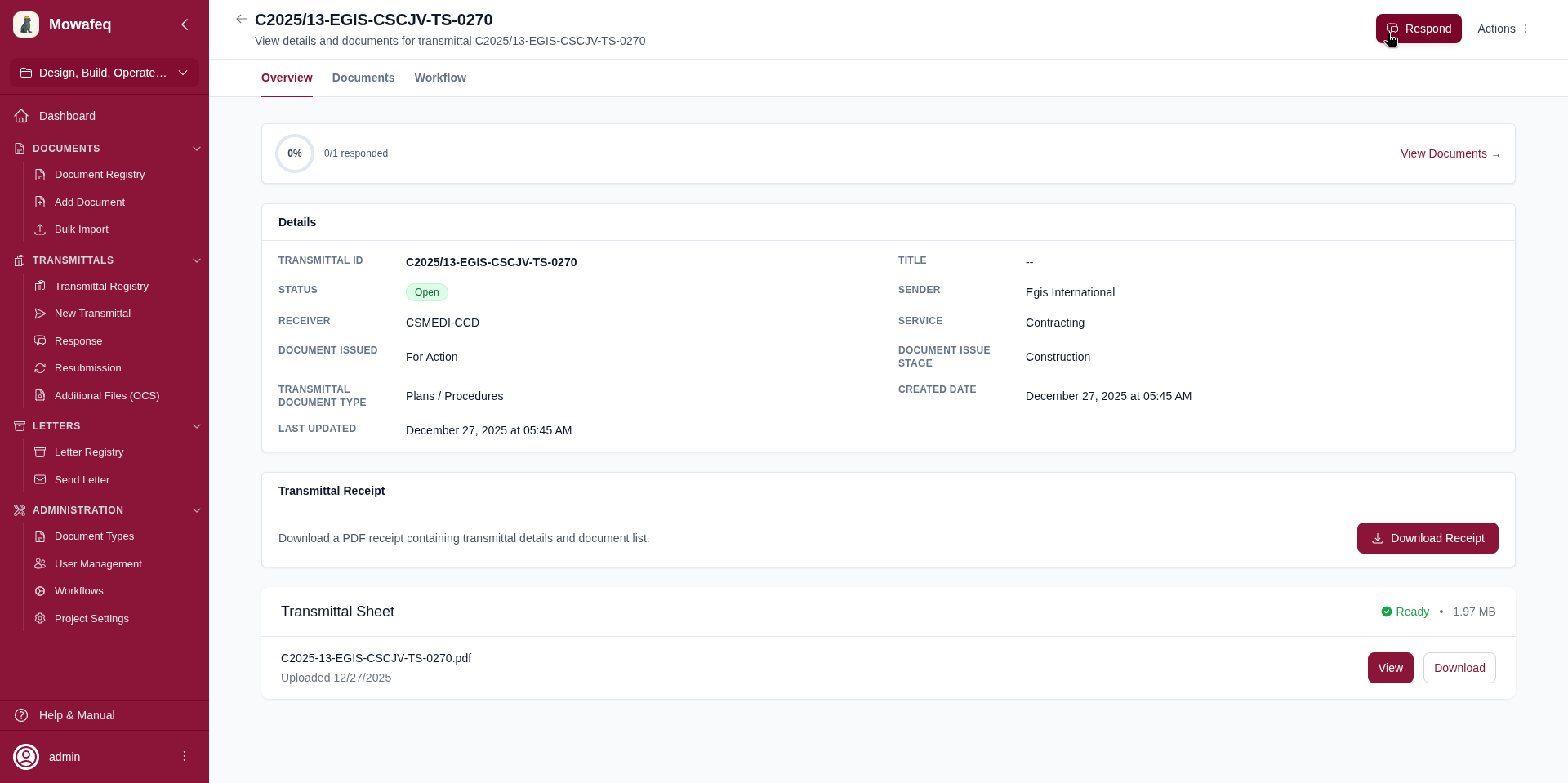 Transmittal detail page with Respond button