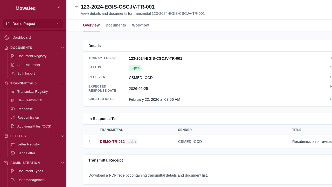 Lifecycle action buttons on transmittal detail page