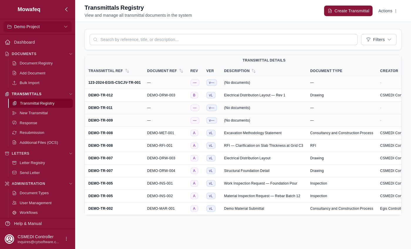 Full transmittal registry page
