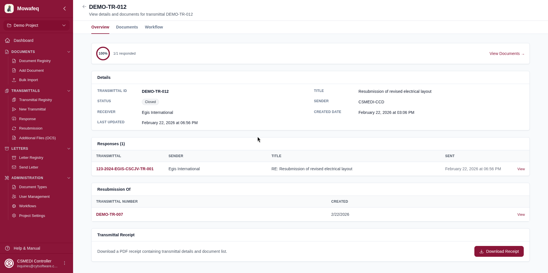 Transmittal detail page with tabs