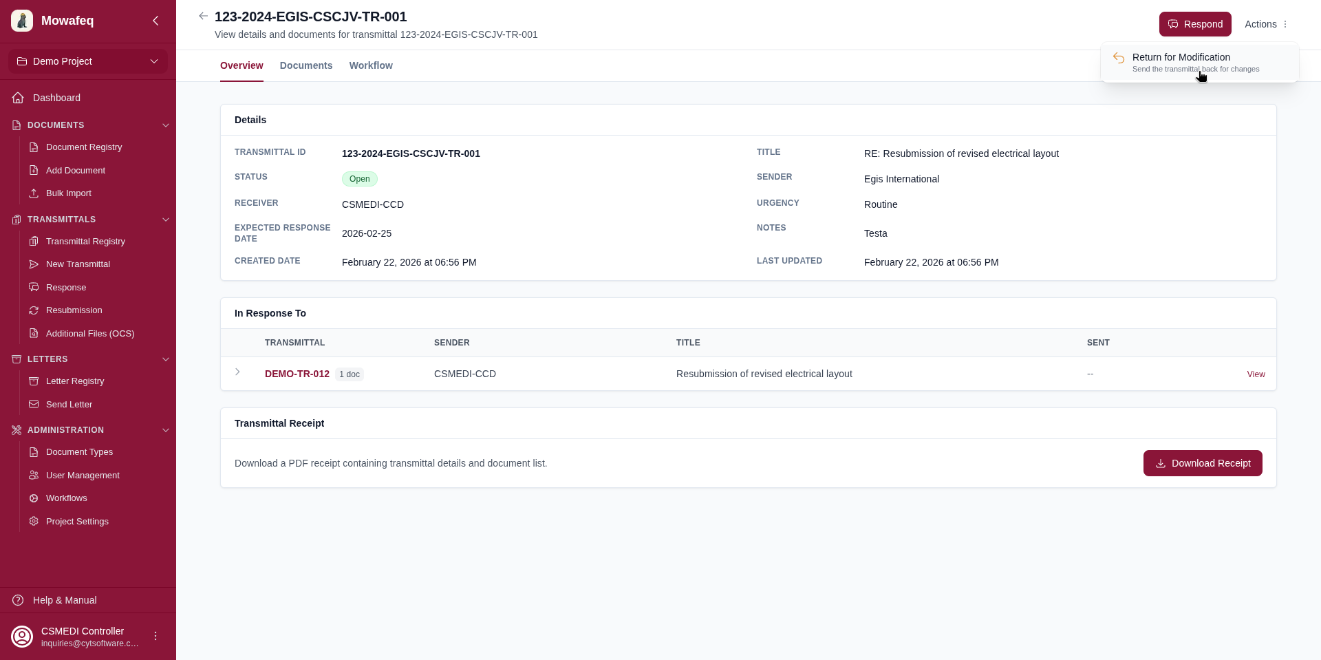 Return for Modification dialog