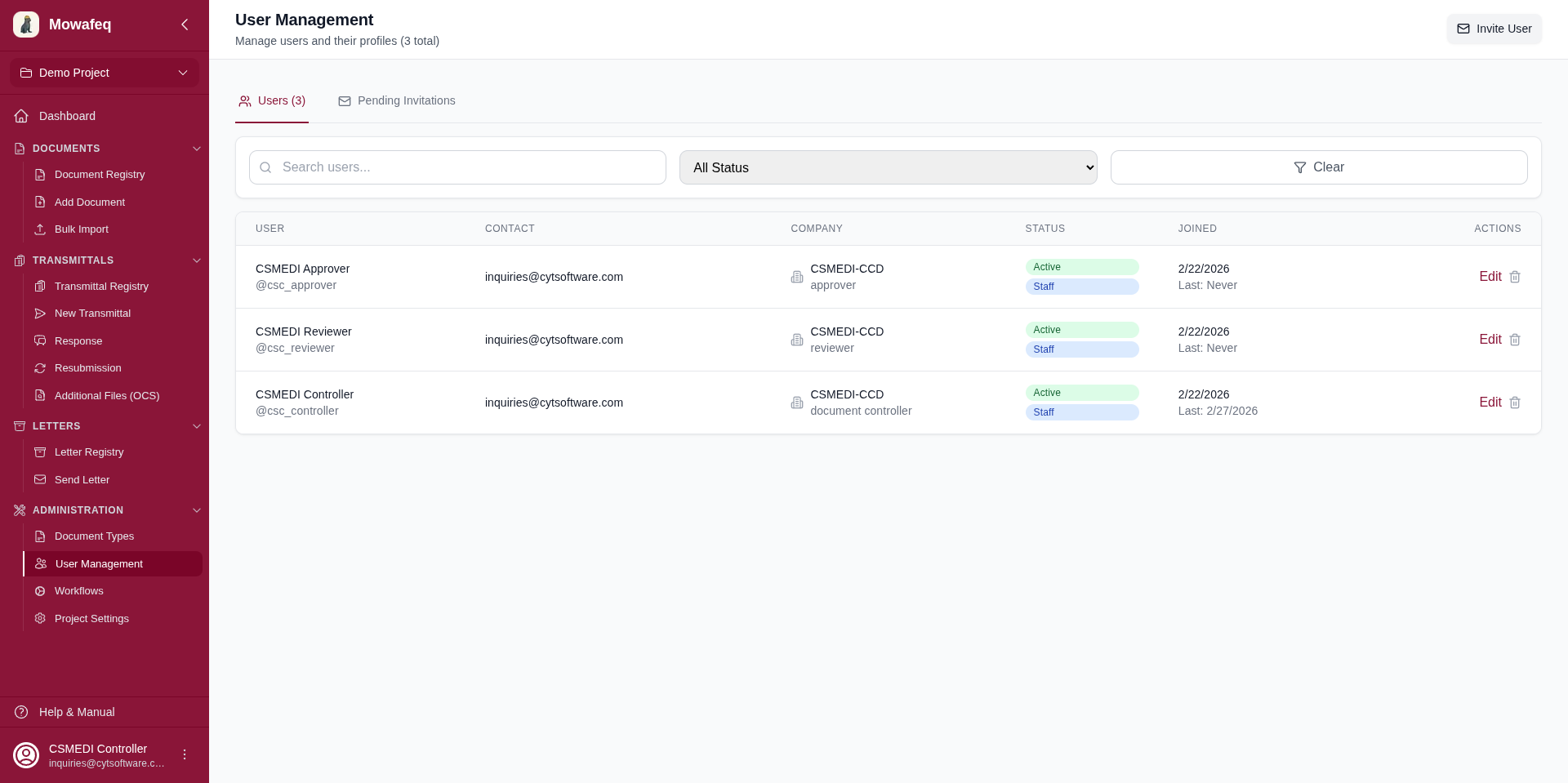 User Management page