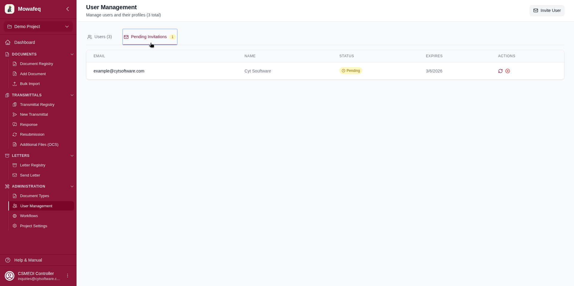 Pending Invitations tab