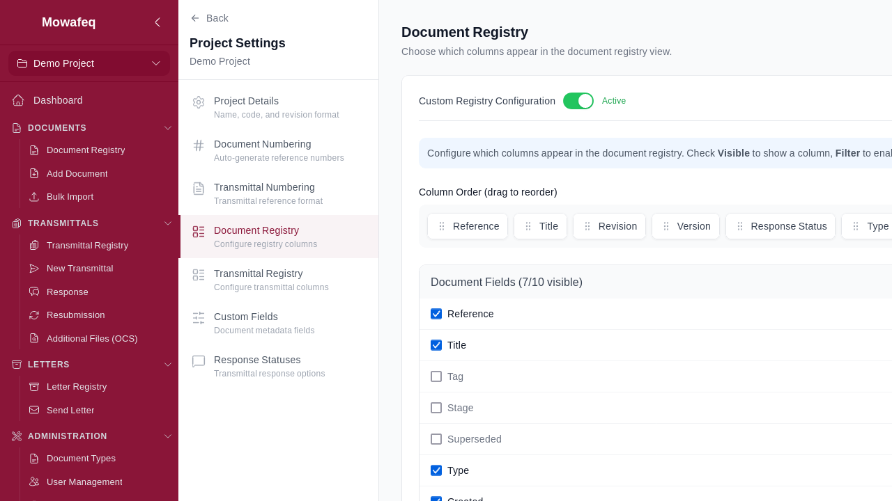 Document Registry Configuration section