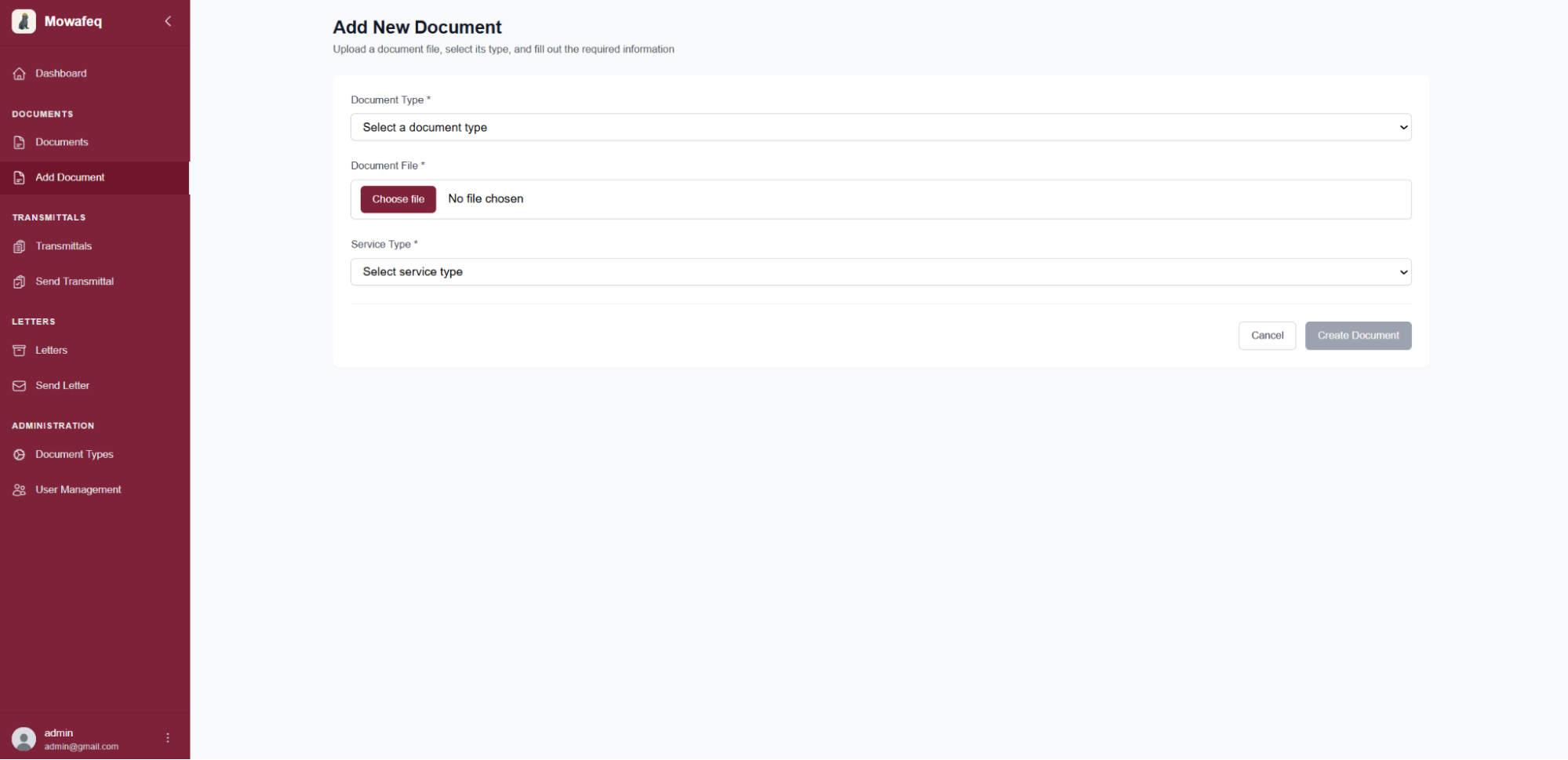 Add Document form with metadata fields