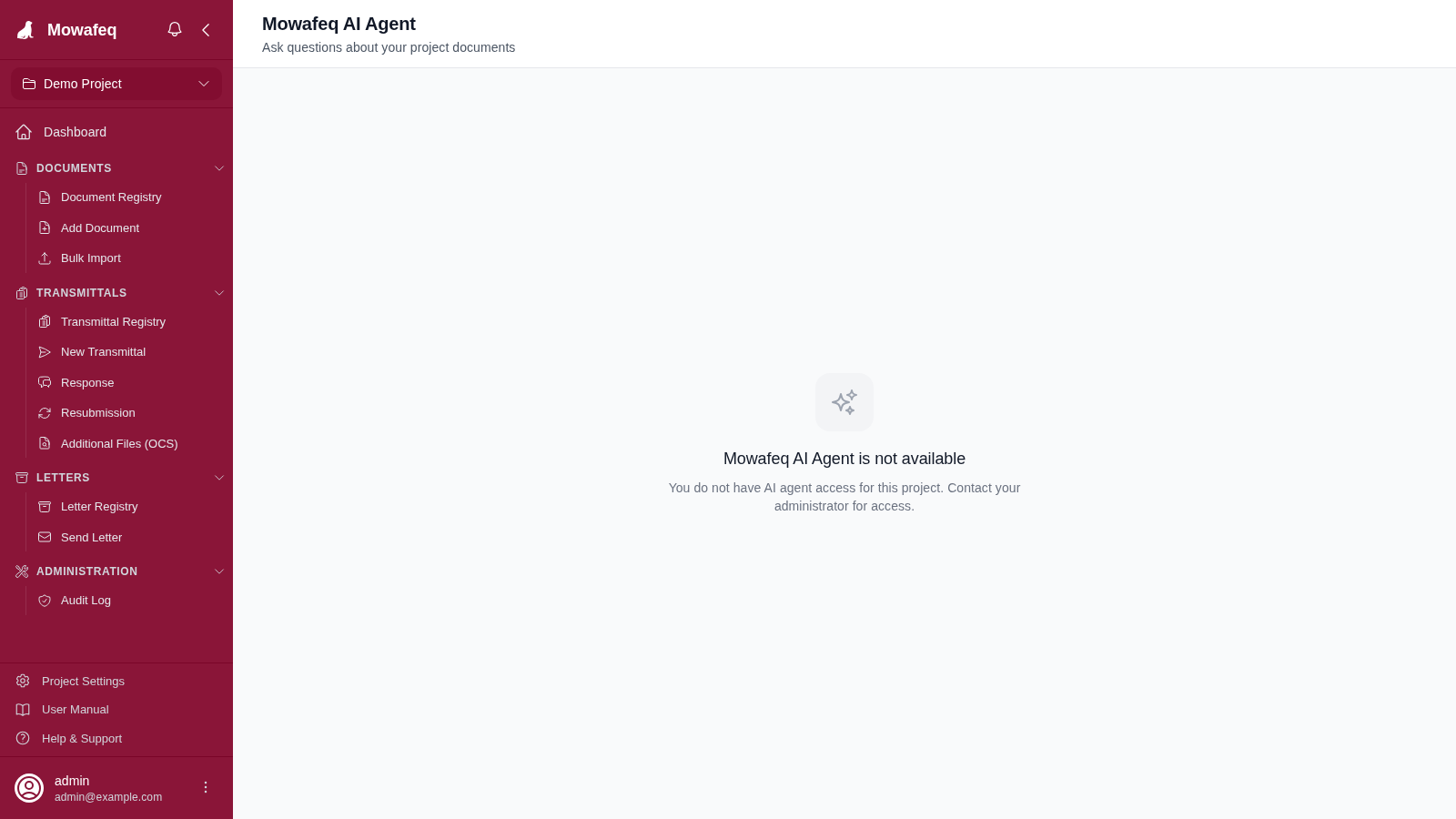 Full Mowafeq AI Agent page with chat sidebar, conversation, and usage badge