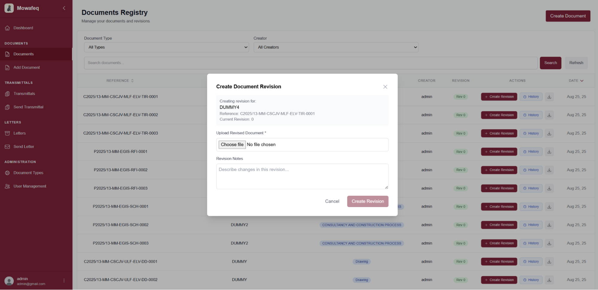 Create Revision dialog with comment field