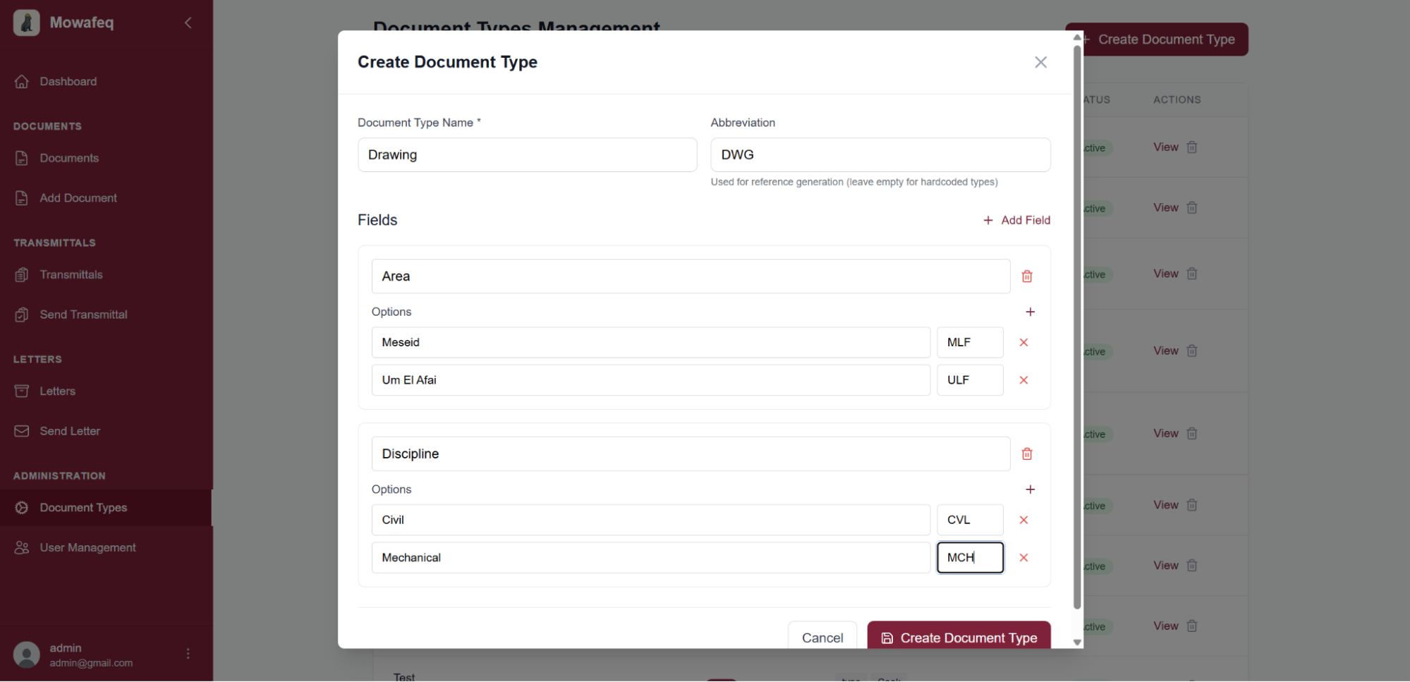 Create Document Type form with field configuration options