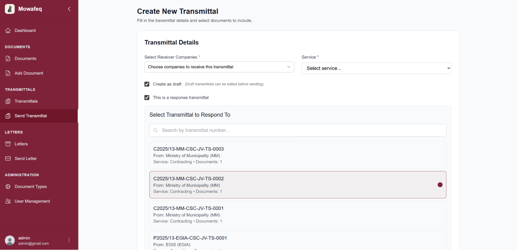 Response transmittal selection dialog listing original submissions