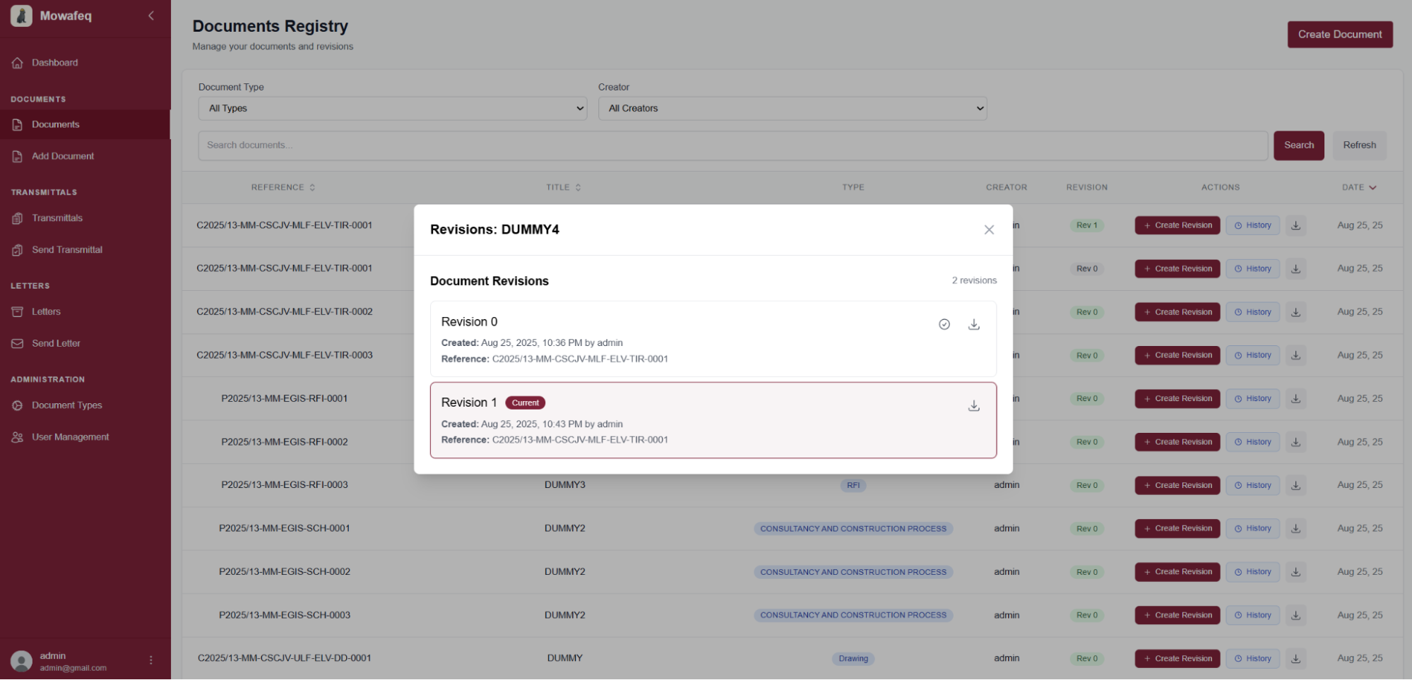 Revision history panel listing previous versions