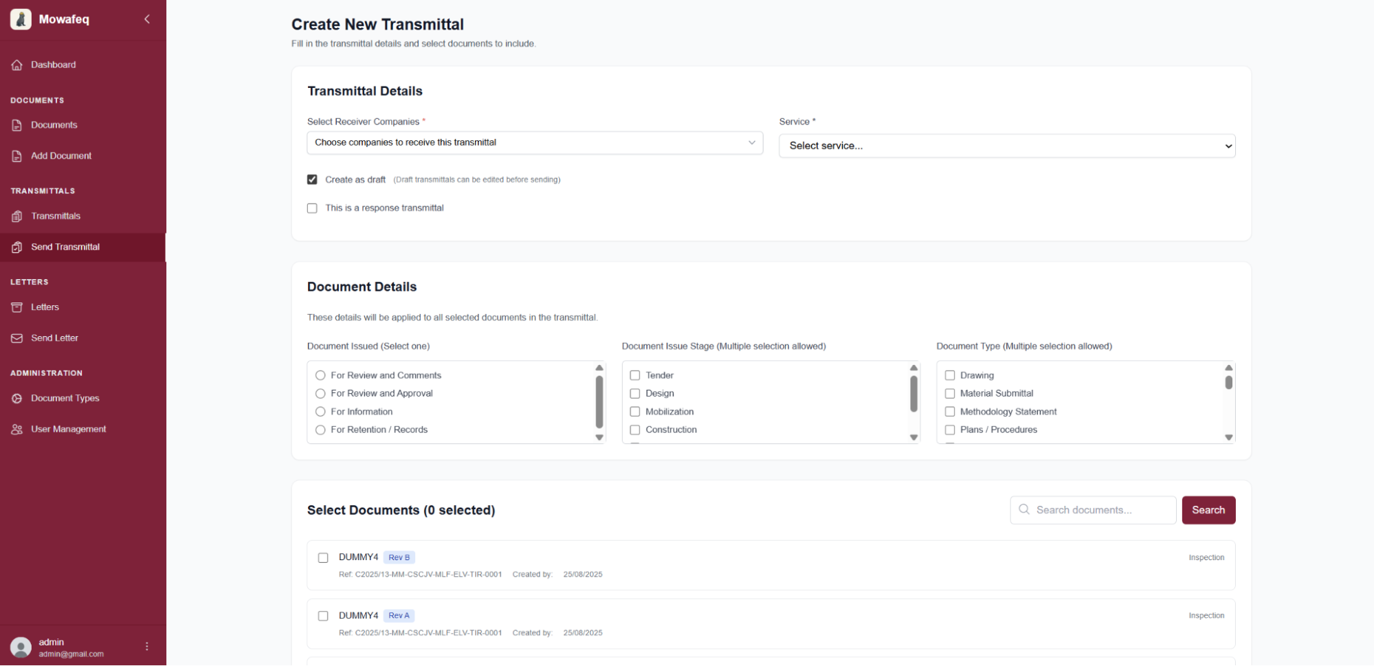 Send Transmittal form with recipient and document sections