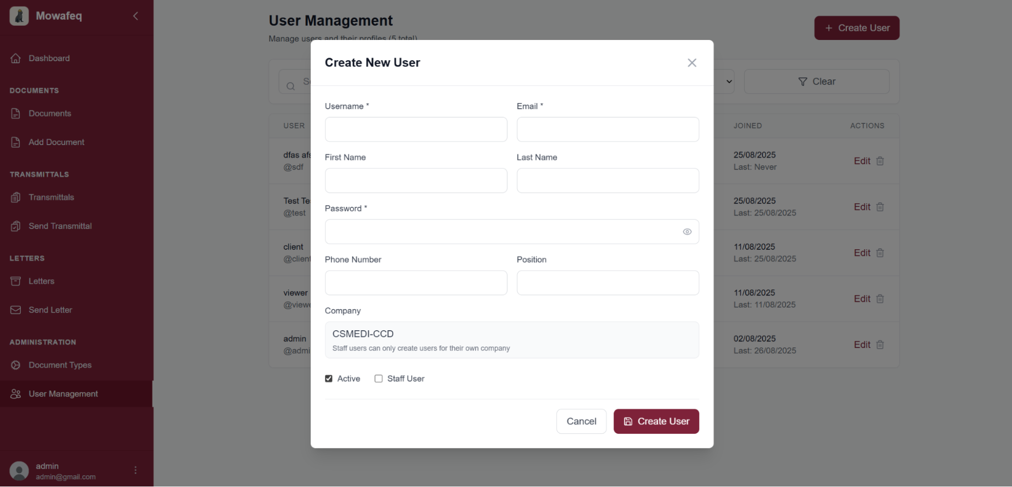 Create Account form with role selection