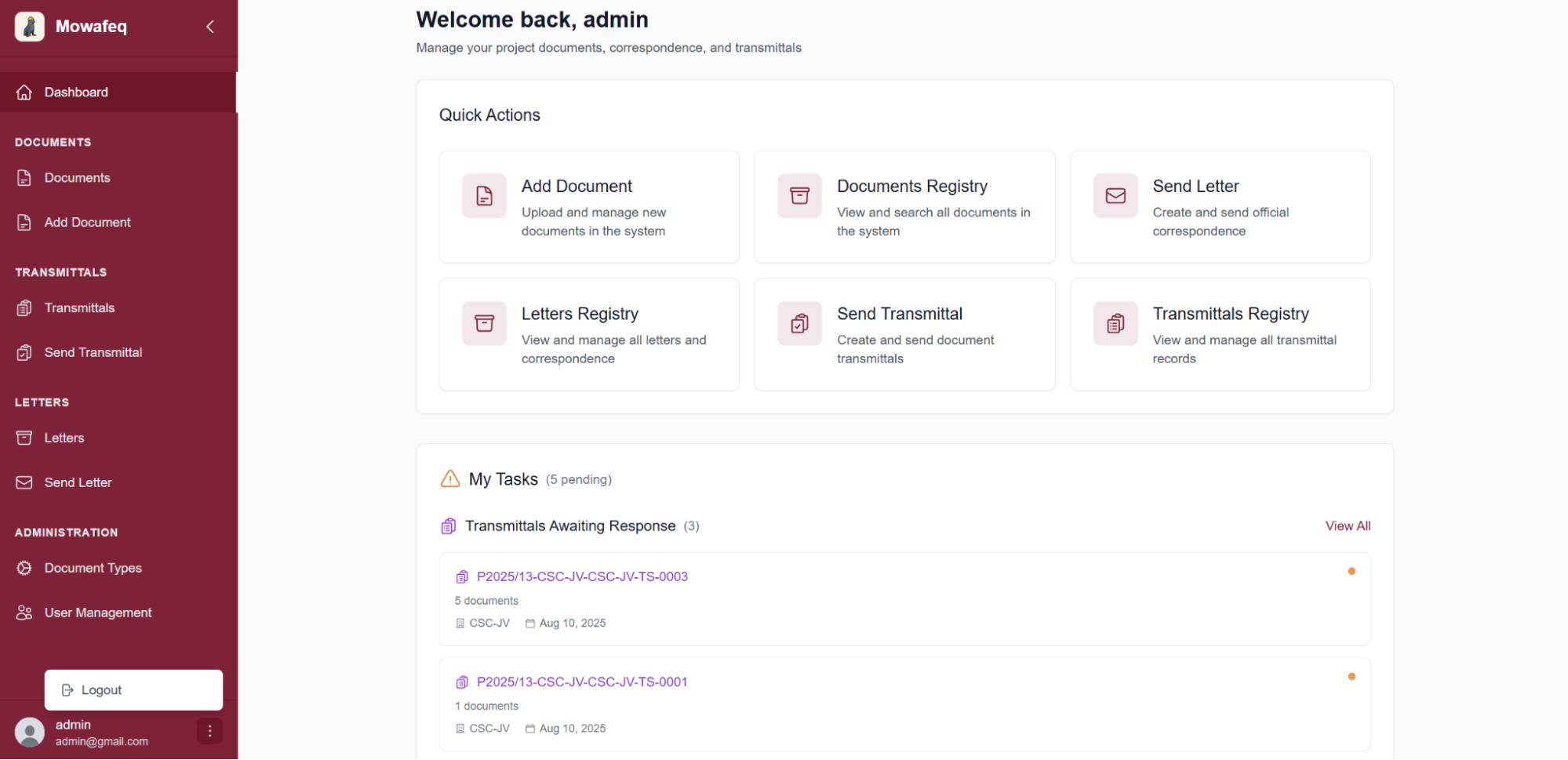 Dashboard menu with the logout option highlighted