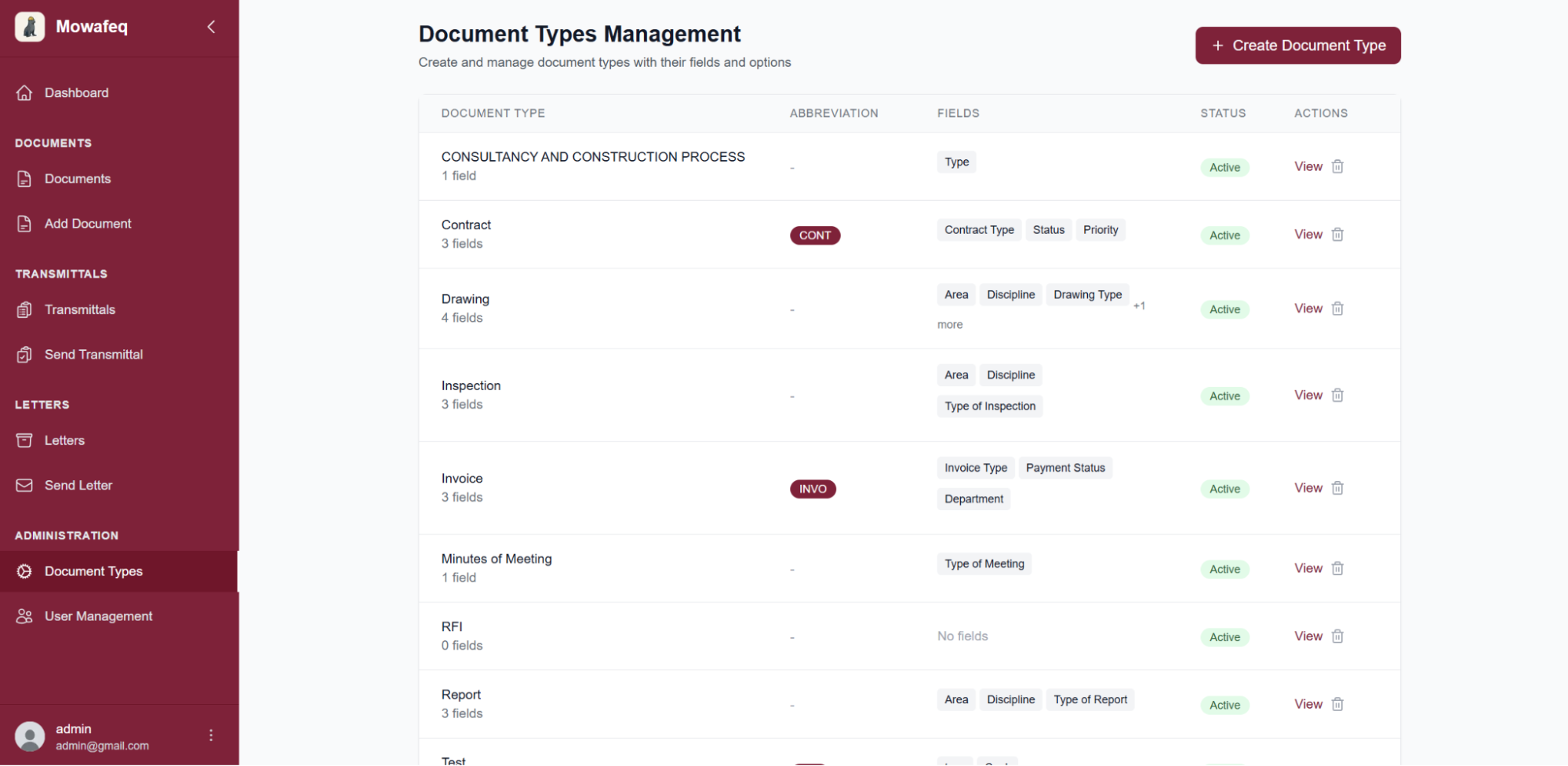 Document Types list with the selected configuration highlighted