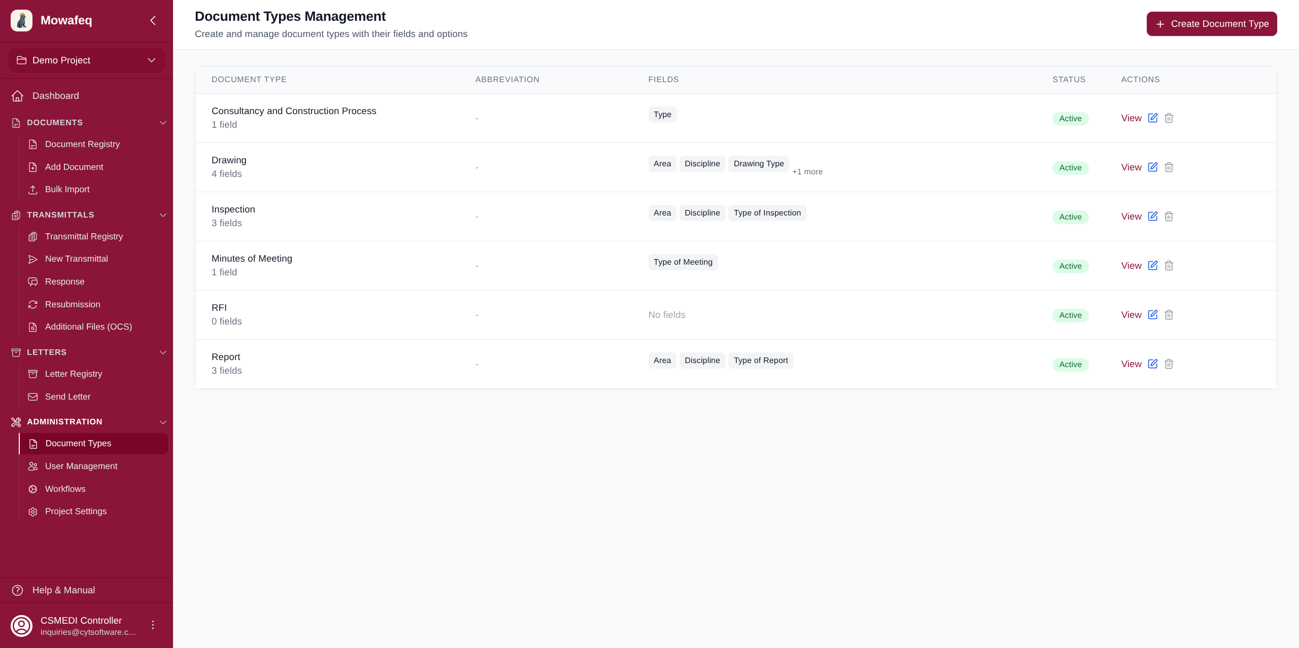 Document Types list page