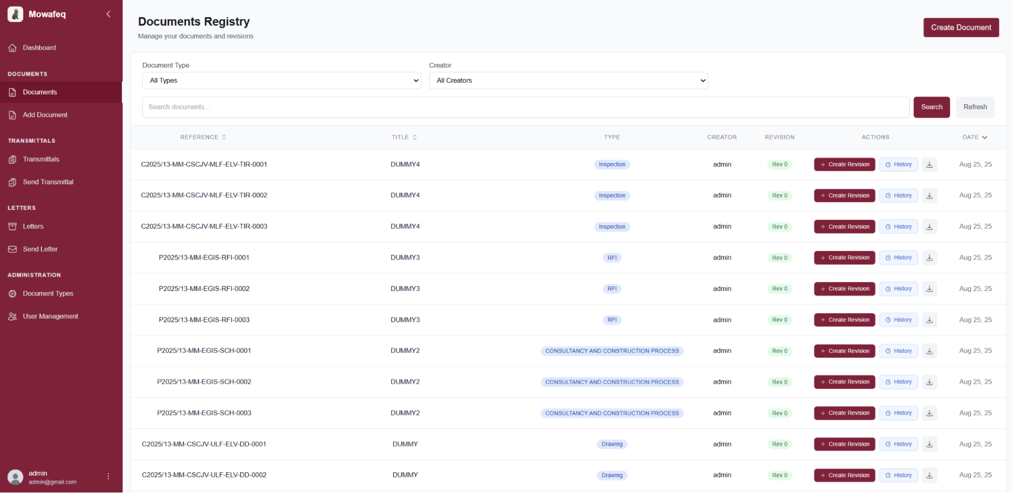 Documents registry with search and filters