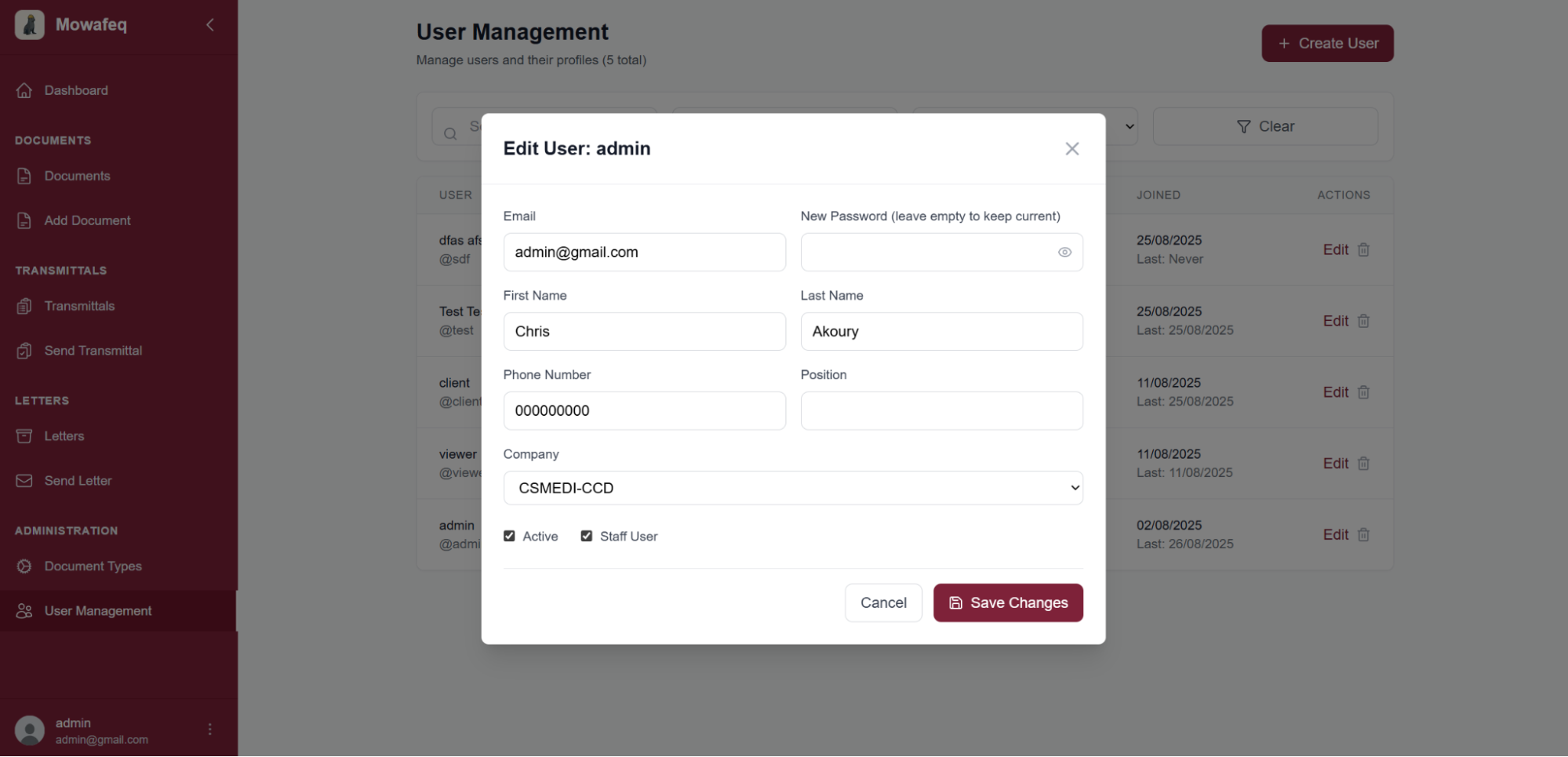 Edit Account form with contact information fields