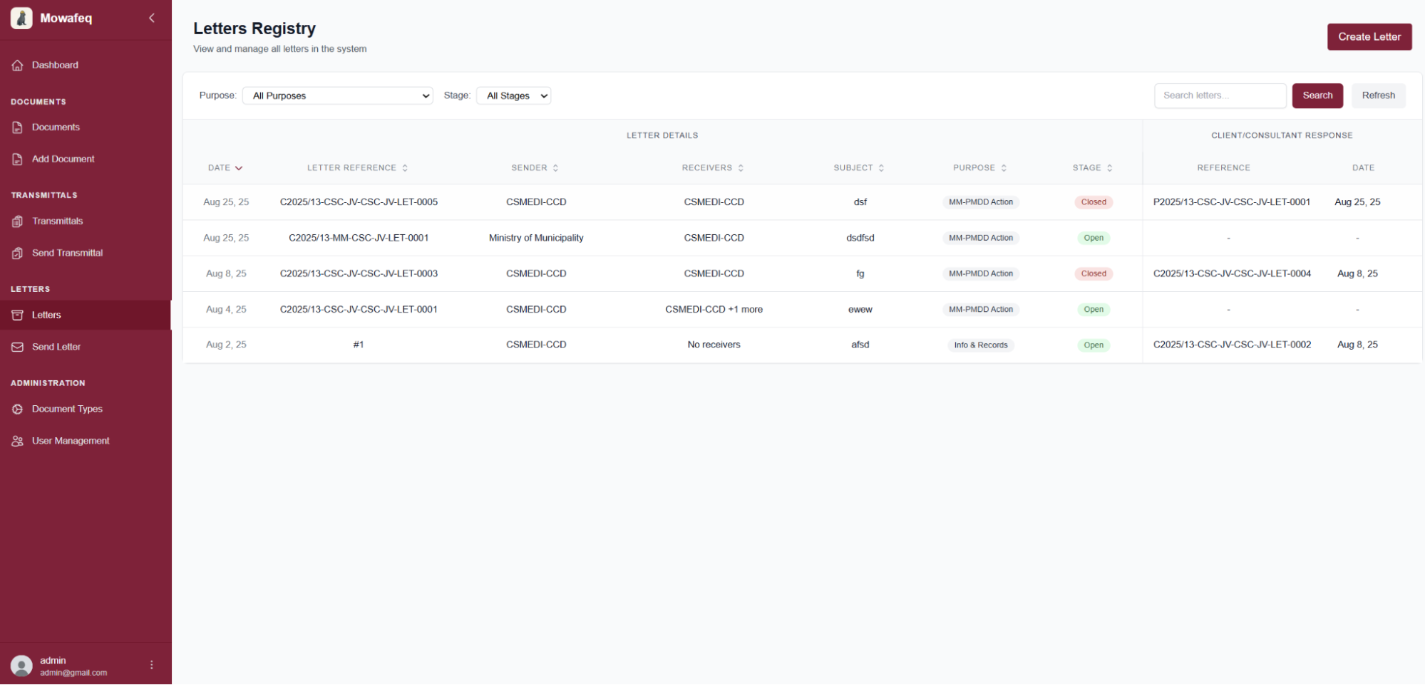 Letters registry with search and filters