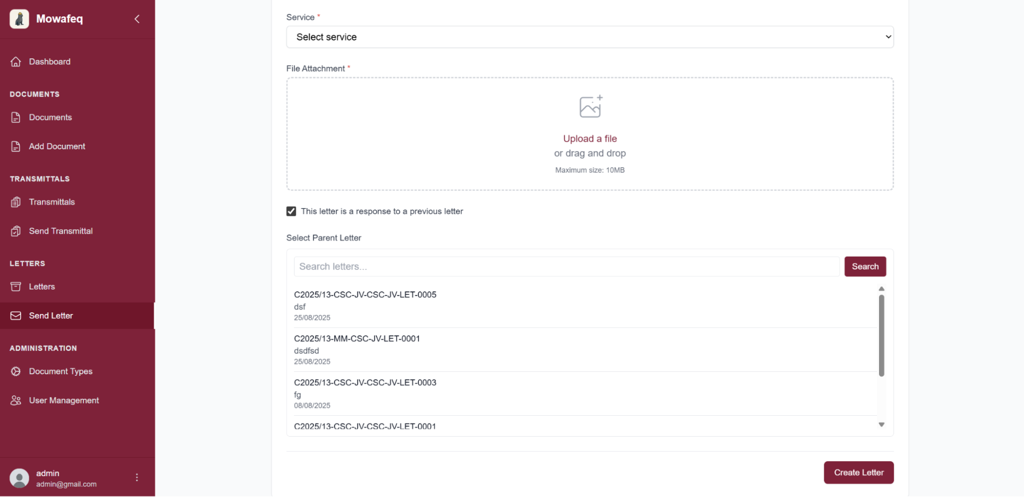 Send Letter form with recipient and subject fields