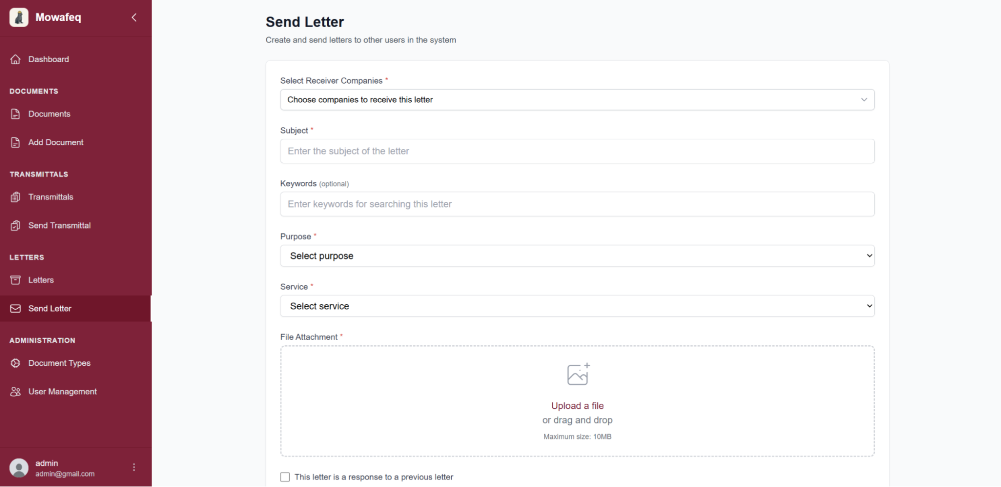 Attachment and purpose fields for a new letter