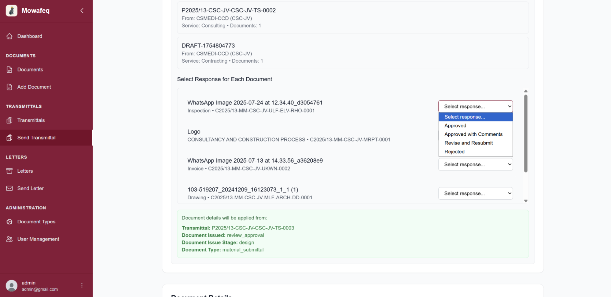 Response letter selection dialog showing original letter lookup