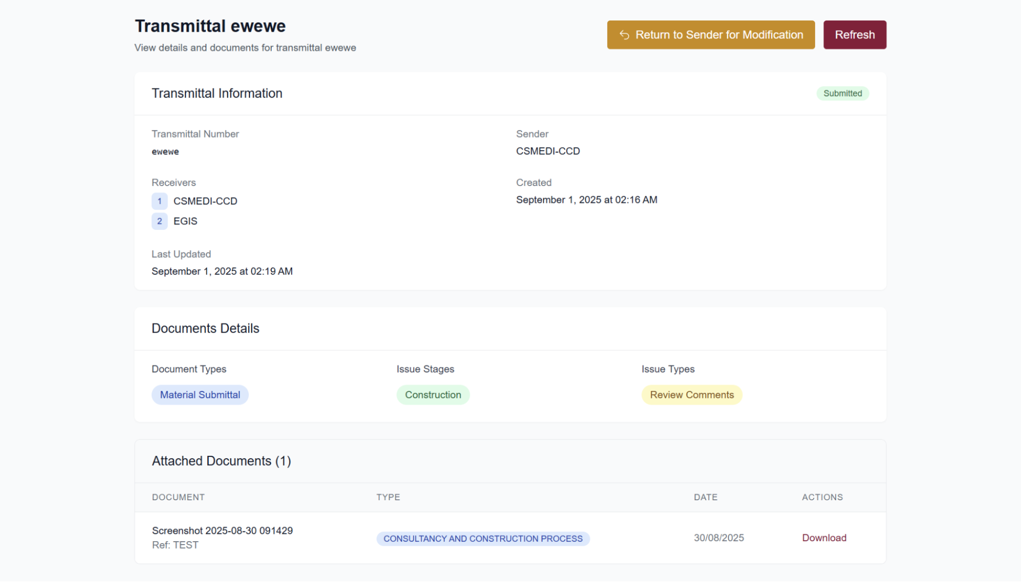 Transmittal details page with the Return to Sender button